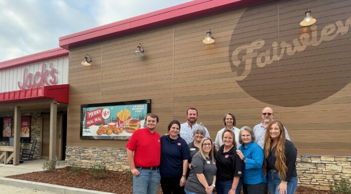 AMRV celebrates grand opening of Jack’s in Fairview Left to right are Grissom Mayfield, Kaitlyn Owen, Rep. Heath Allbright, Jennifer Campbell, Whitney Manderson, Renona Seibert, Sherry Clough, Lynn Mullins, Clint Haynes and Karmen Baker. (AMRV RC&D)