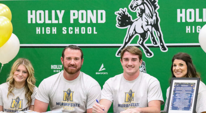 Holly Pond’s Allbright signs with Murray State Left to right are Lilly Allbright, Heath Allbright, Cade Allbright and BreAnn Allbright. (Katie Drummond/The Cullman Tribune)