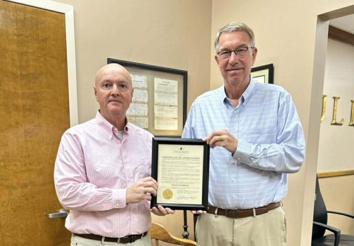 Steve Cummings 2025 Steve Cummings (left) and Cullman Mayor Woody Jacobs (right) (City of Cullman)
