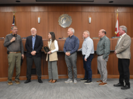 Cullman City Council recognizes service of outgoing CEDA Director Dale Greer, salutes achievements of others Mayor Woody Jacobs, left, and the Cullman City Council (including, left to right, Kim Hall, David Moss, Chuck Shikle, Paul Schaffer and Jason Willoughby) recognized the service of Cullman Economic Development Agency Director Dale Greer, second from left, at the Monday, Jan. 12, 2026, Cullman City Council meeting. (W.C. Mann/The Cullman Tribune)