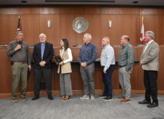 Cullman City Council recognizes service of outgoing CEDA Director Dale Greer, salutes achievements of others Mayor Woody Jacobs, left, and the Cullman City Council (including, left to right, Kim Hall, David Moss, Chuck Shikle, Paul Schaffer and Jason Willoughby) recognized the service of Cullman Economic Development Agency Director Dale Greer, second from left, at the Monday, Jan. 12, 2026, Cullman City Council meeting. (W.C. Mann/The Cullman Tribune)