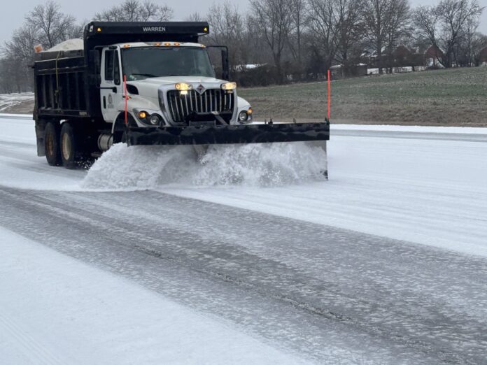 ALDOT plows loose ice from US-43 near the Tennessee state line in Lauderdale County on Saturday, Jan. 24, 2026. Ice that forms on wet pavements as temperatures drop may be much more difficult to remove. (ALDOT)