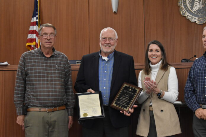 The Cullman City Council officially accepted Dale Greer’s resignation at its meeting Monday, Jan. 12, 2026. Left to right are Cullman Mayor Woody Jacobs, Greer and Cullman City Council President Kim Hall. (W.C. Mann/The Cullman Tribune)