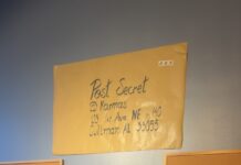 ‘Everyone has secrets’: PostSecret at Karma’s Postcard creation station in Karma’s Coffee House (Anabelle Howze/The Cullman Tribune)