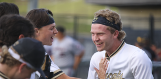 PREP BASEBALL: Inman’s grand slam finishes off Southside, Bearcats win 11-0 to move on to round two Cullman's Jonah Inman (right) celebrating with teammates after his game-ending grand slam. (Photo via. Lucas Gray)