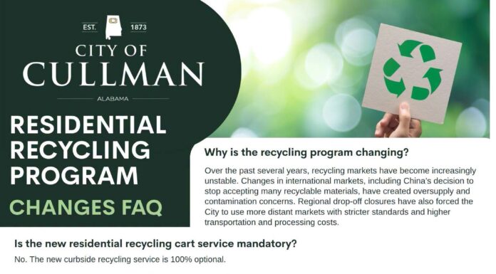 Cullman to launch optional $10 monthly curbside recycling service in 2027