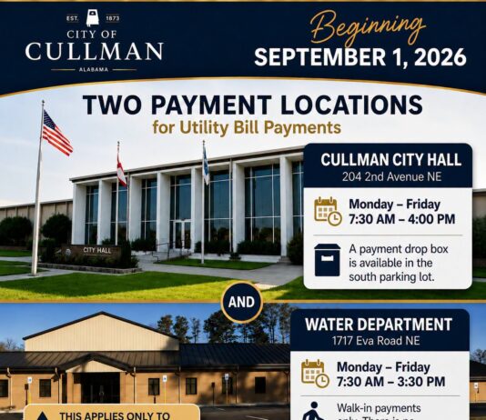 City of Cullman announces 2 water/sewer/sanitation payment locations