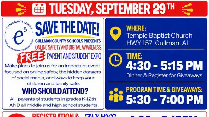 Cullman County Schools’ free Parent and Student Expo tonight at Temple Baptist Church